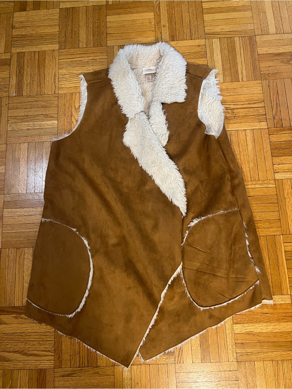 Miss Penny Lane in Knox Rose Brown Faux Suede Vest with Cream Shearling Trim XL